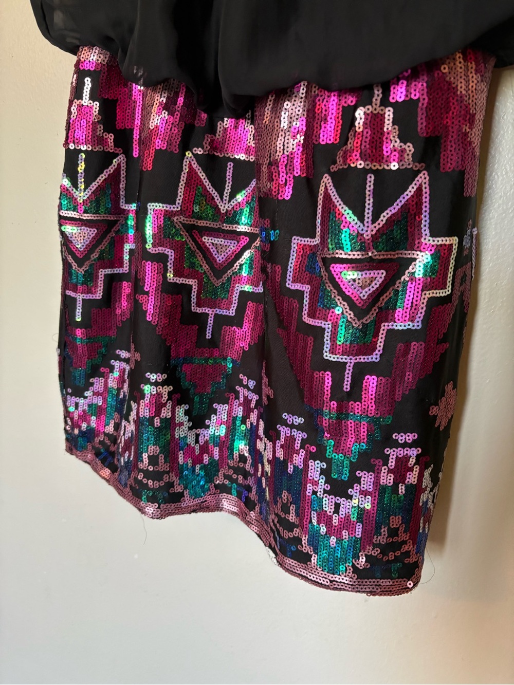 As U Wish Black Chiffon Top with Pink and Teal Sequin Aztec Mini Skirt - Picture 5 of 5